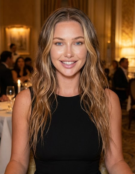 Arienne Cue in a black cocktail dress. 