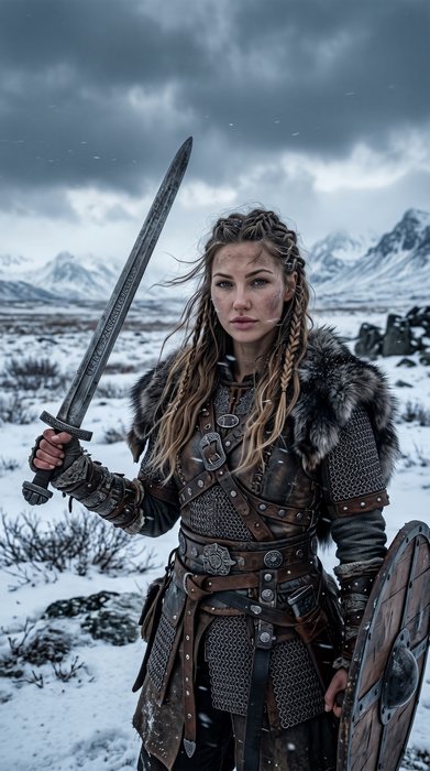 Arienne The Viking - Holding a sword in the frigid north.